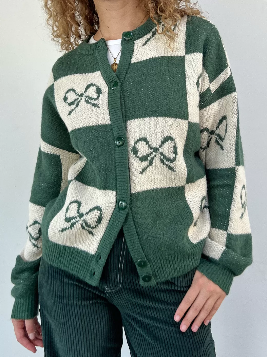 Sale Lisa Says Gah Lauda Cardi - Emerald Bow Check E/BC